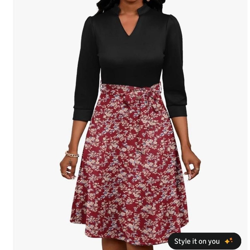 Women's Casual Flowy A-Line Midi Dress Flared V-Neck Colorblock Print
